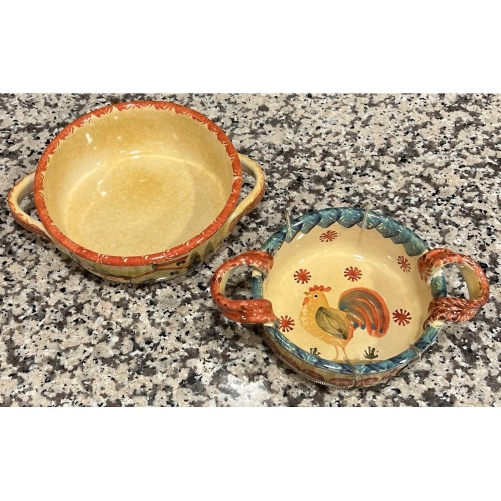 Set Of 2 Italy Italica Ars Oven Safe  Casserole Baking Dish Handles Rooster 6,7"